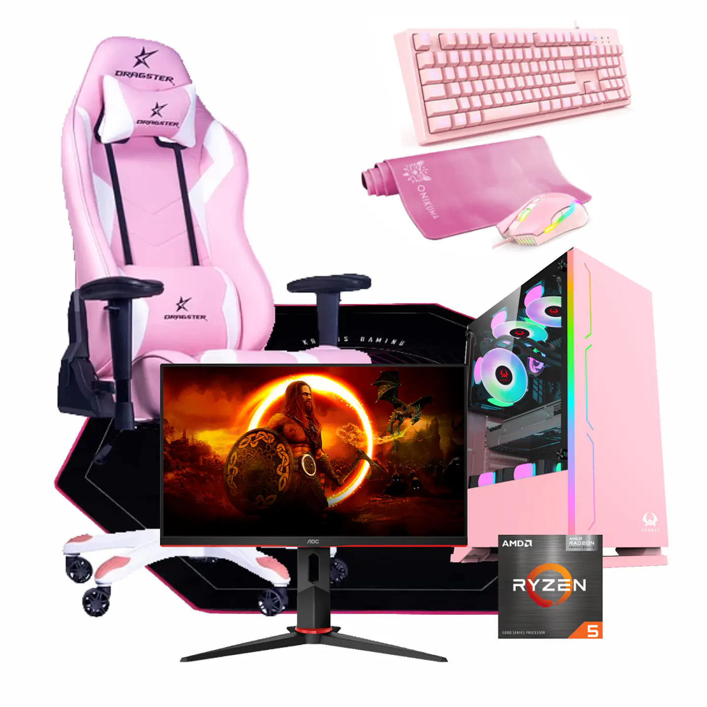 Combo Set Up Gamer PINK: Pc Dreamfyre 5 Pink, Monitor, Silla Rosa, Alfombra, y periféricos 1