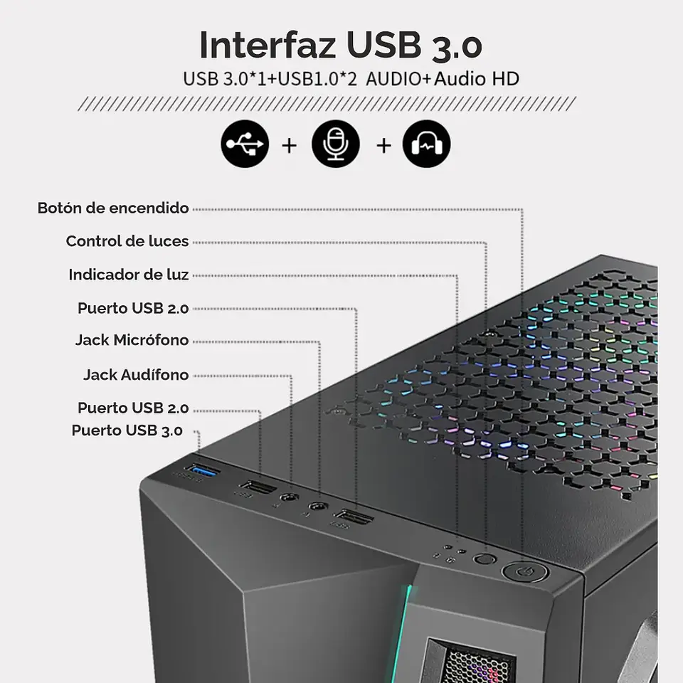 Gabinete Gamer Ruik Atx Vidrio Templado, 4 Cooler Rgb, Usb 3.0 5