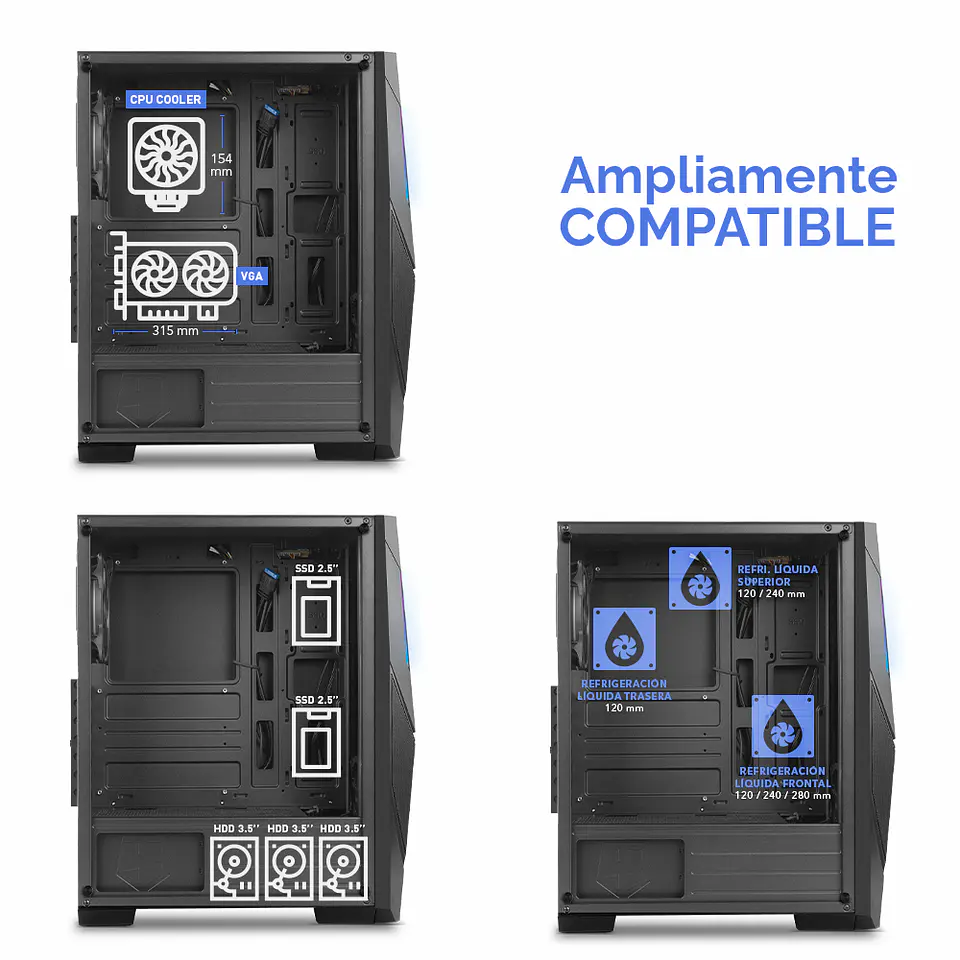 Gabinete Gamer Infinity Delta Pro, Atx, Vidrio Templado, 2 Cooler integrados, US 5