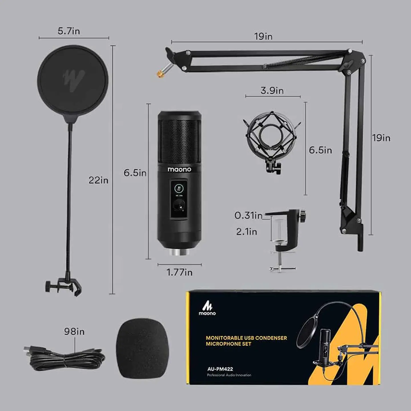Kit Micrófono condensador AU-PM421, entrada USB (Brazo, Anti-pop, anti-shock) 4