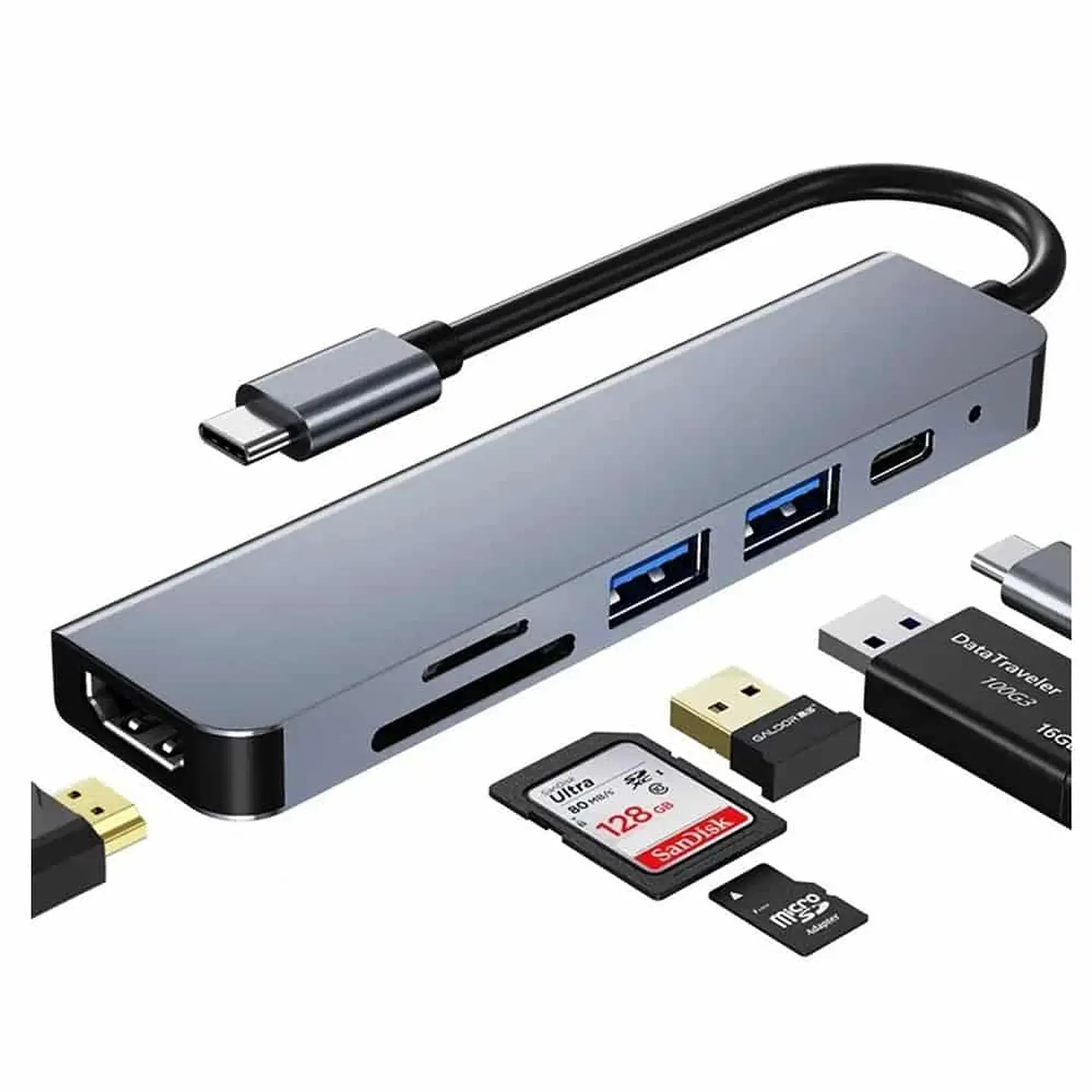 Adaptador HUB USB-C, 6 en 1 (HDMI,2x USB 3.0, TF, SD, USB-C) 1