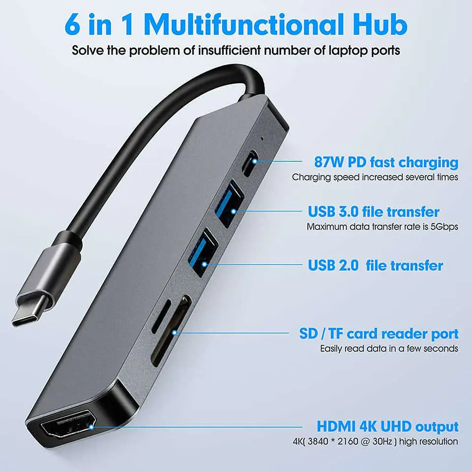 Adaptador HUB USB-C, 6 en 1 (HDMI,2x USB 3.0, TF, SD, USB-C) 4