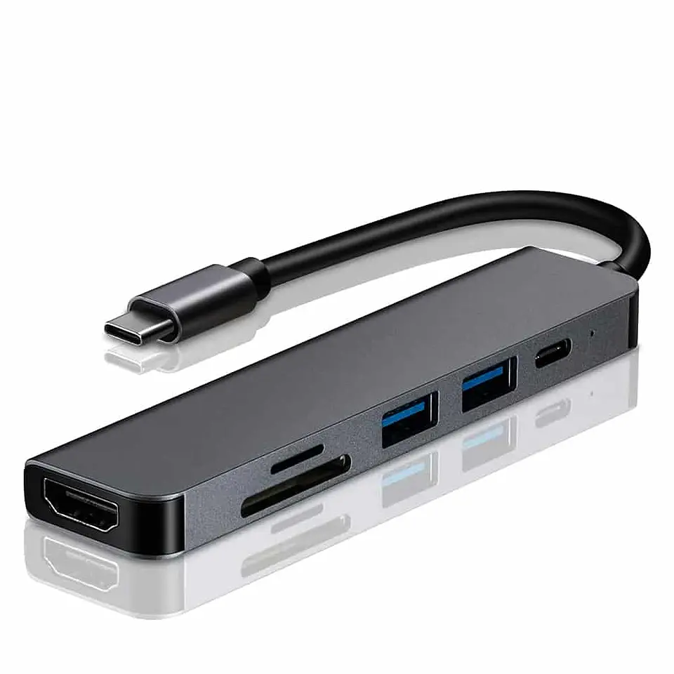 Adaptador HUB USB-C, 6 en 1 (HDMI,2x USB 3.0, TF, SD, USB-C) 6