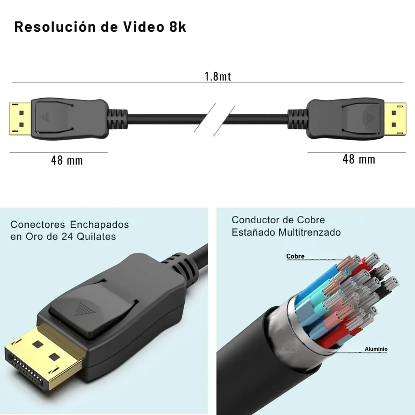 Cable DisplayPort Ultra HD 8K Macho a Macho 1.8mts 162Hz/32.4Gbps 4