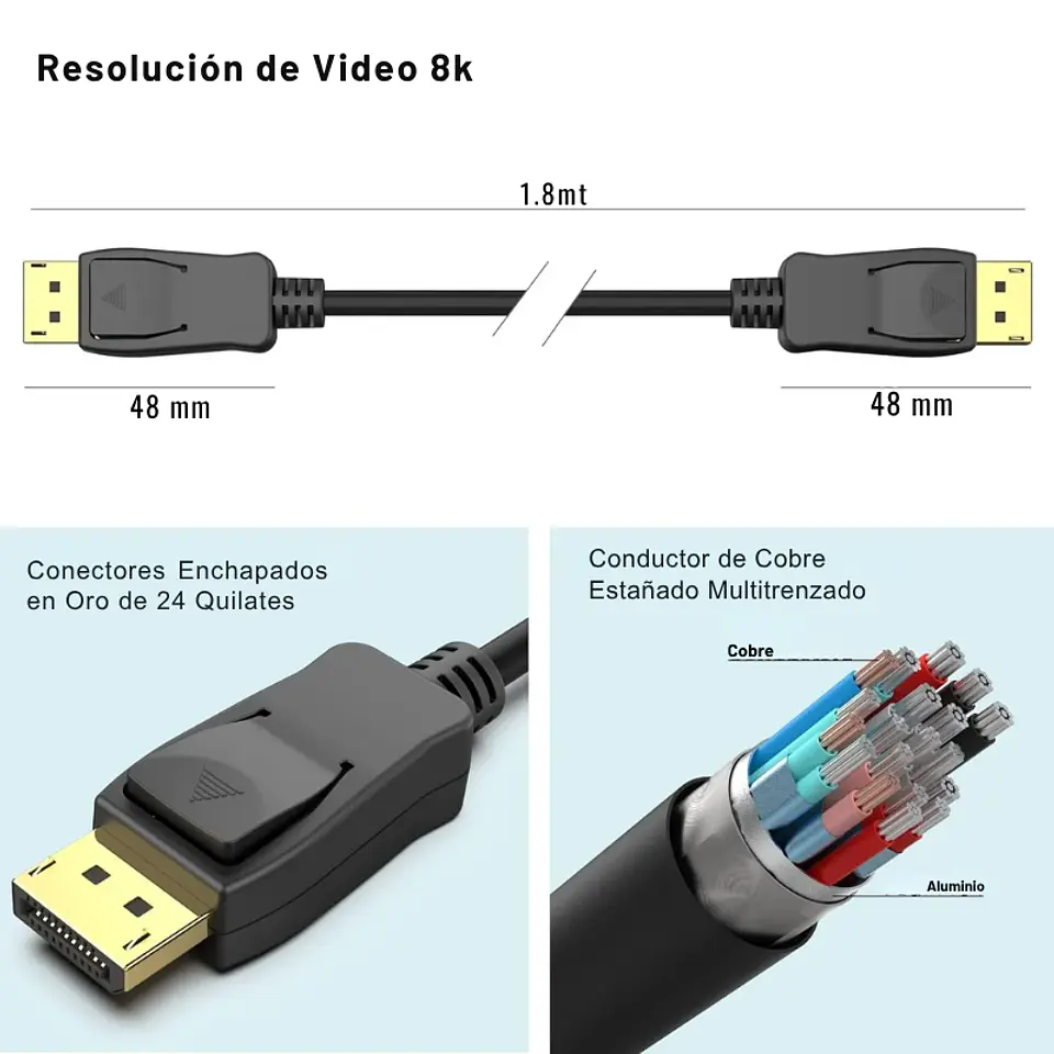Cable DisplayPort Ultra HD 8K Macho a Macho 1.8mts 162Hz/32.4Gbps 4