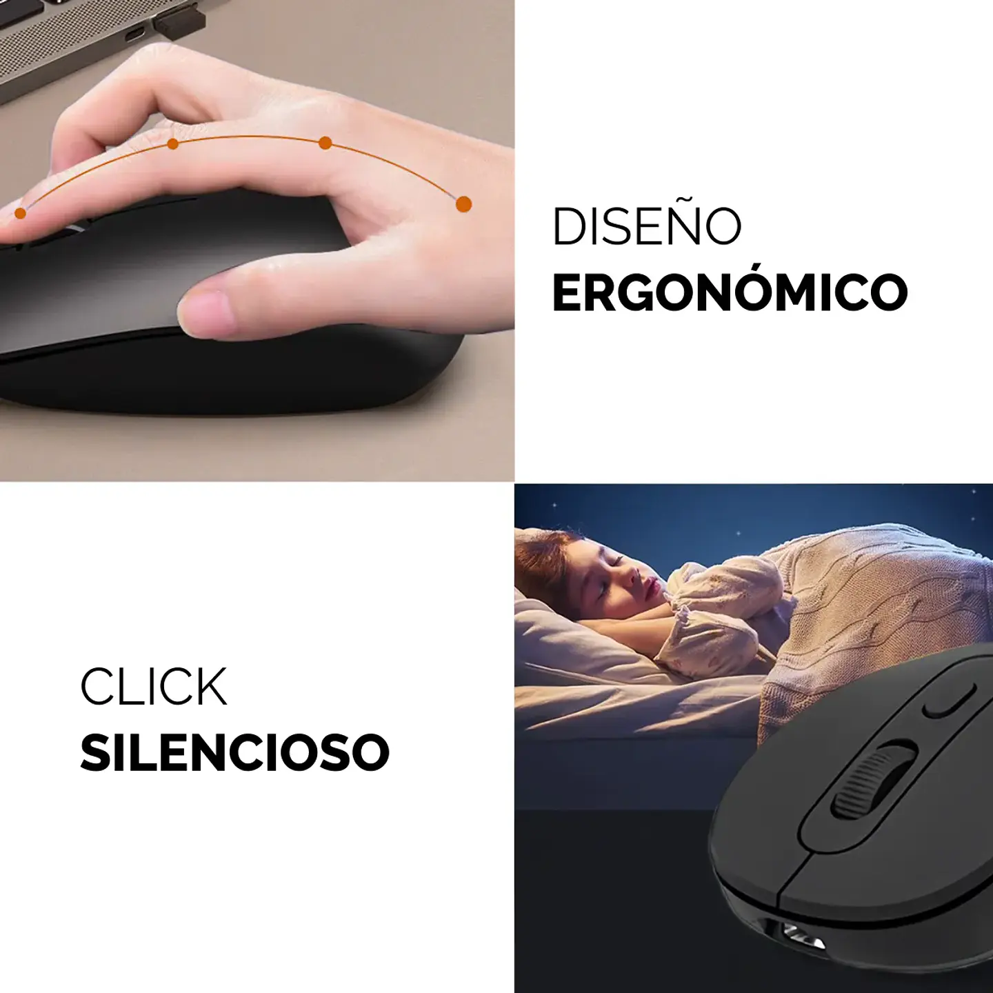 Mouse Inalámbrico 2,4Ghz, 1600 DPI USB-C Recargable Negro 3