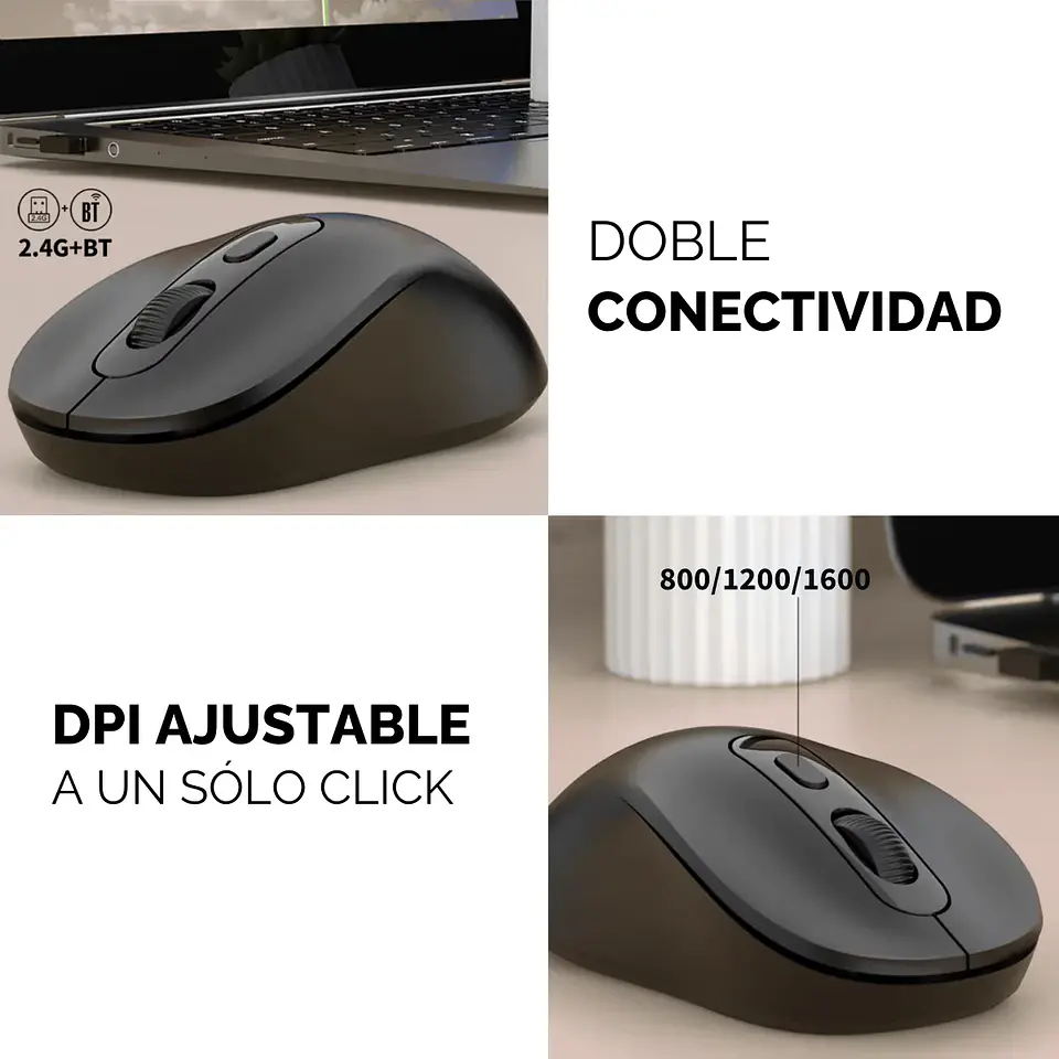 Mouse Inalámbrico 2,4Ghz, 1600 DPI USB-C Recargable Negro 4
