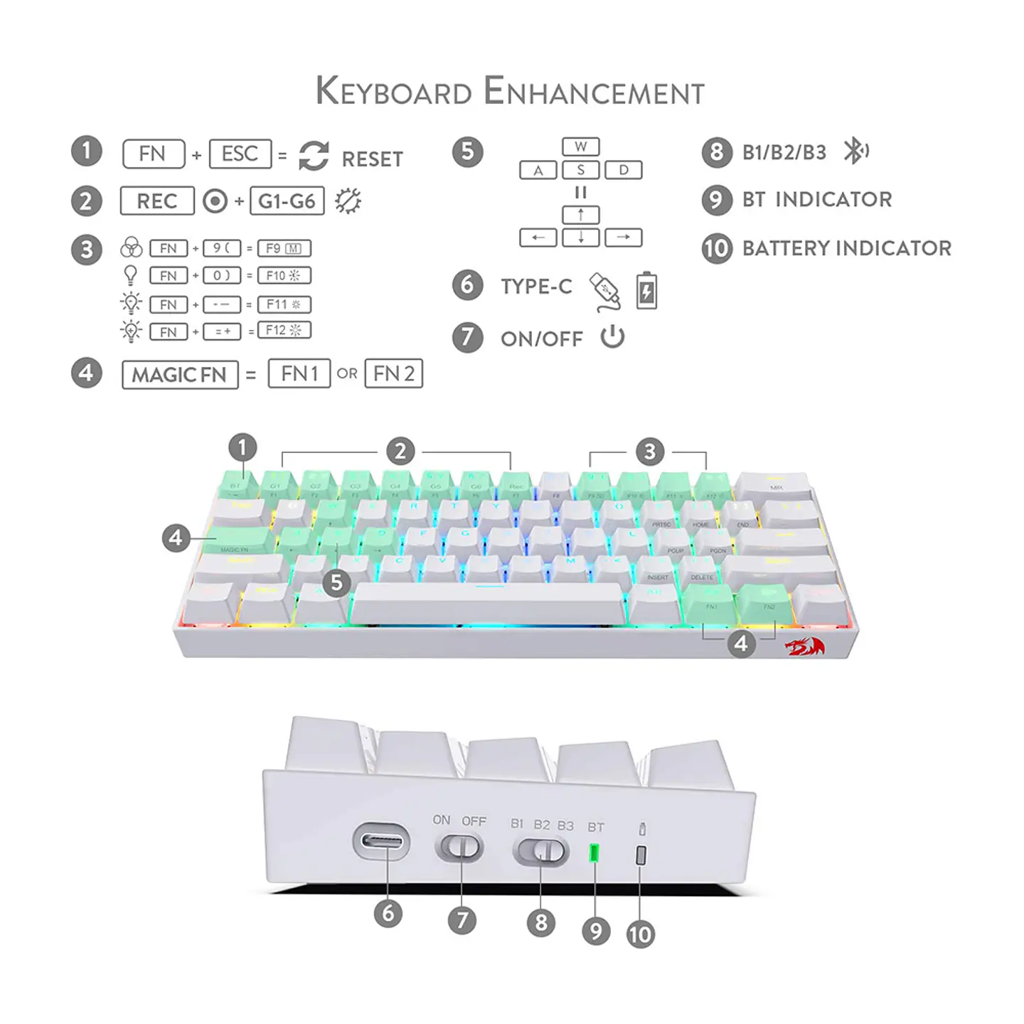 Teclado Gamer Mecánico Redragon Draconic K530W-RGB, Brown Switch 4