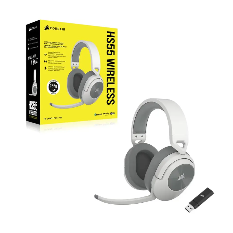 Audífonos Corsair HS55 Wireless, BT, Audio 7.1, USB, White 6