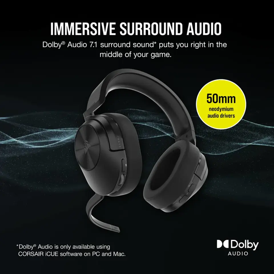 Audífonos Corsair HS55 Wireless, BT, Audio 7.1, USB, Carbon 7