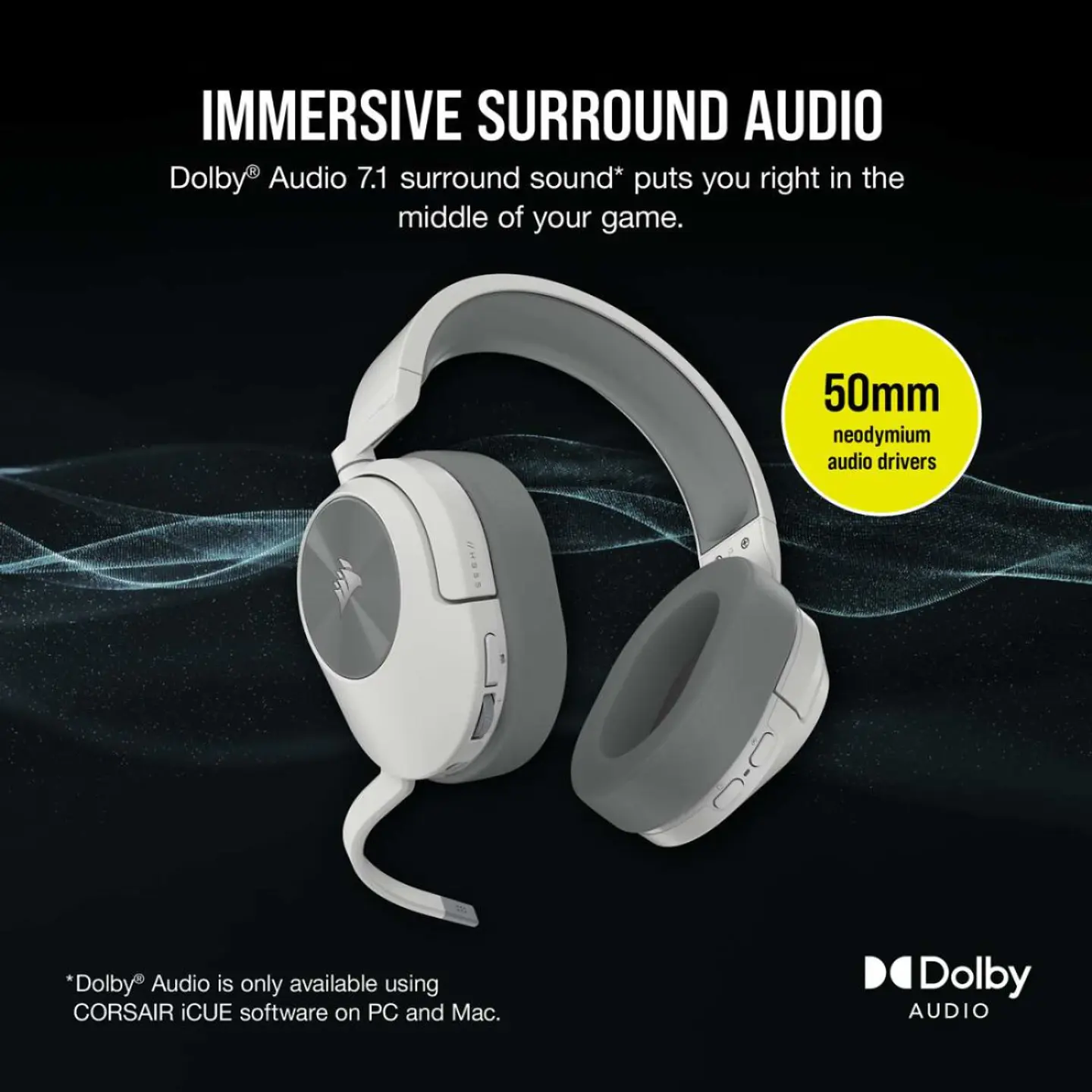 Audífonos Corsair HS55 Wireless, BT, Audio 7.1, USB, White 7