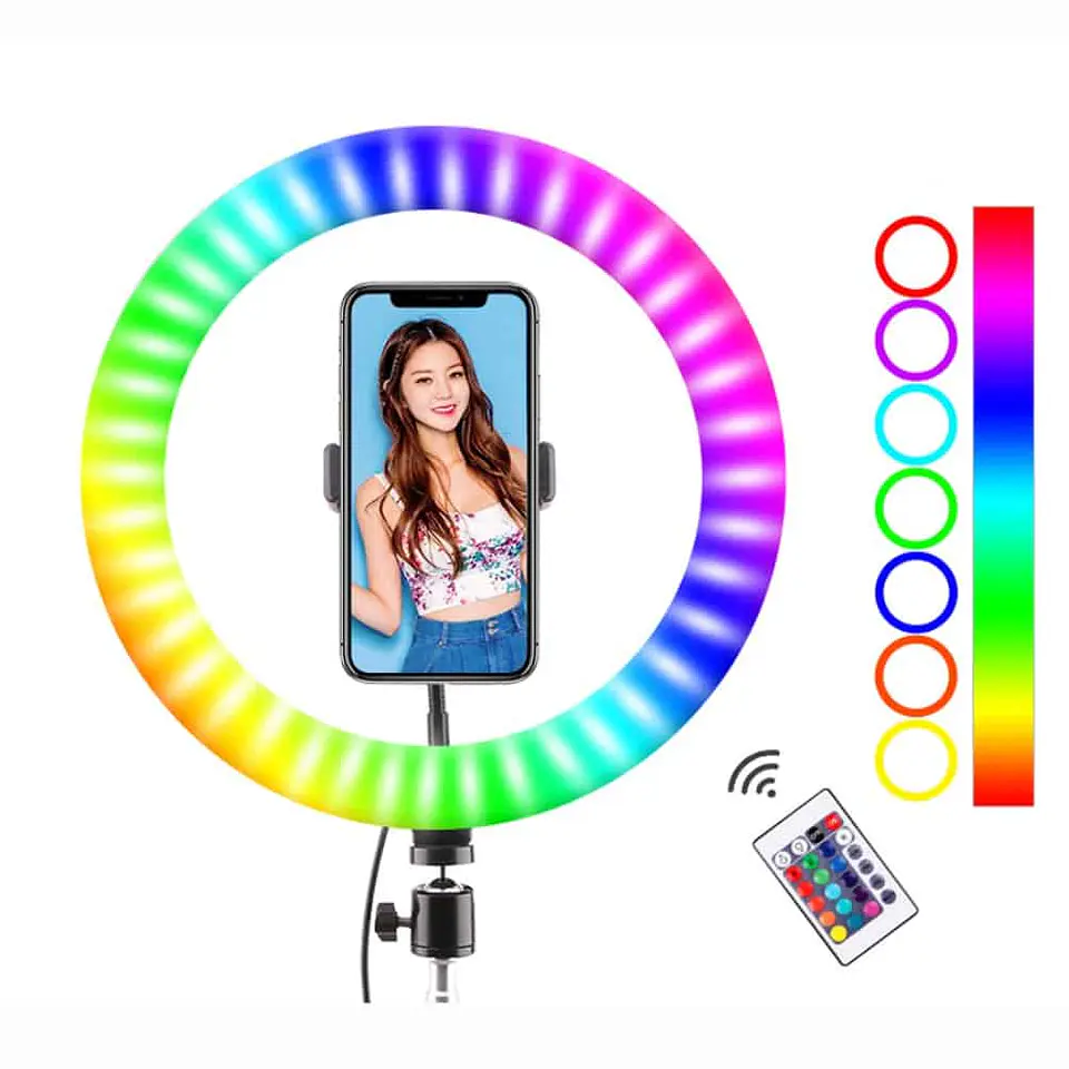 Aro luz LED multicolor RGB, 10w, 26cm + trípode regulable hasta 2mts 1