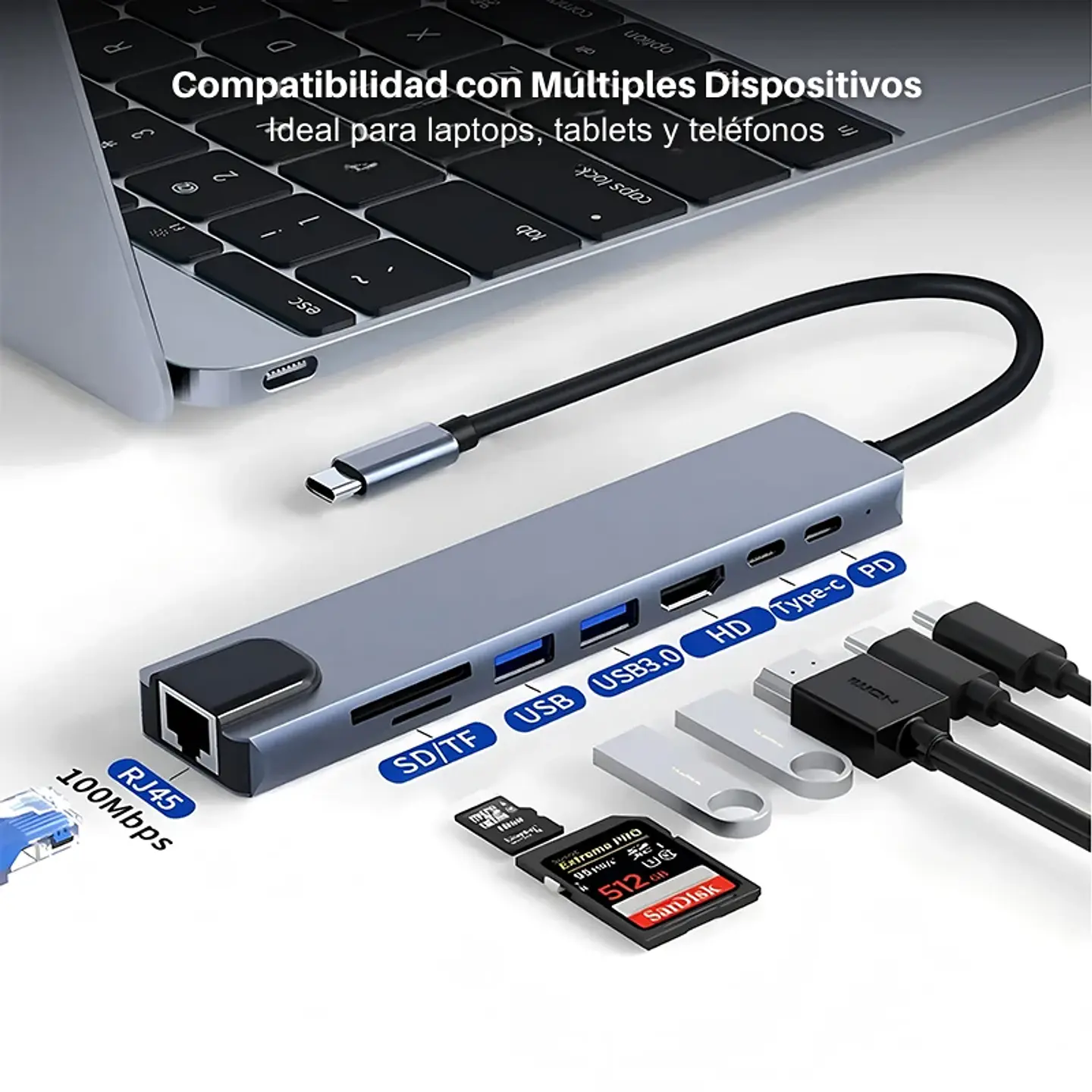 Adaptador Hub 8 En 1 Tipo C a Usb, HDMI, RJ45, PD, Tipo C, SD/TF Para Win/Mac 3