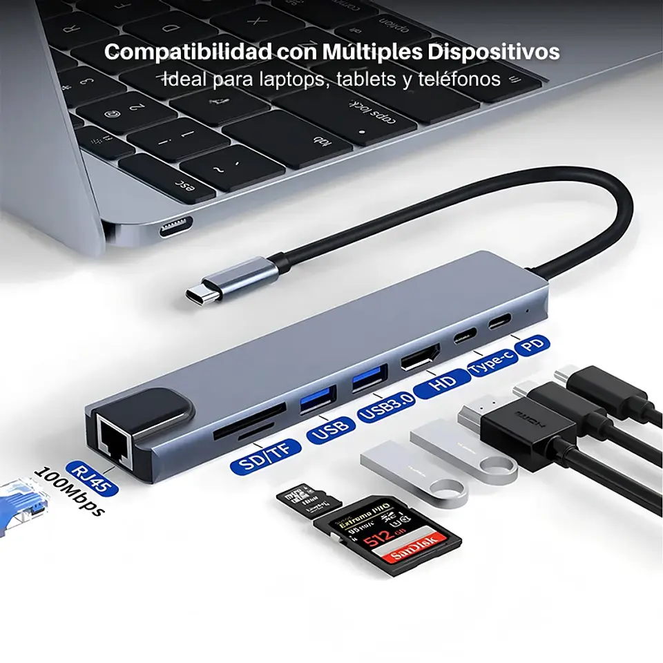 Adaptador Hub 8 En 1 Tipo C a Usb, HDMI, RJ45, PD, Tipo C, SD/TF Para Win/Mac 3