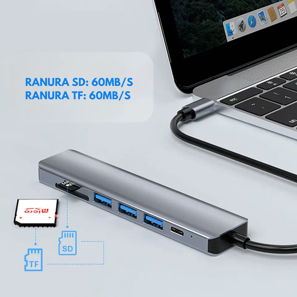 Adaptador Hub 7 En 1 Tipo C a Usb, HDMI, PD, SD/TF Para Win/Mac 4
