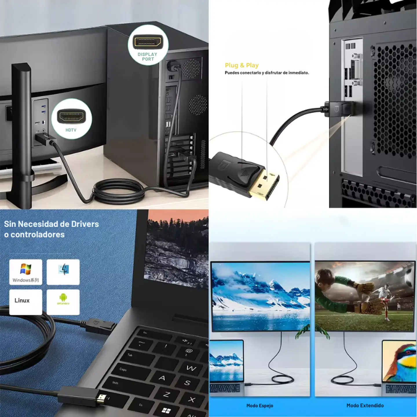 Cable Display Port a HDMI Ulink 4K, 2K @60Hz De 1.8mts 3