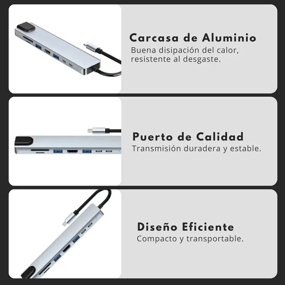 Adaptador Hub 8 En 1 Tipo C a Usb, HDMI, RJ45, PD, Tipo C, SD/TF Para Win/Mac 4