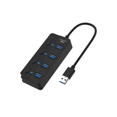 HUB USB 4 Puertos 3.0 5Gbps, 30cm, Led Indicador y Switch Negro