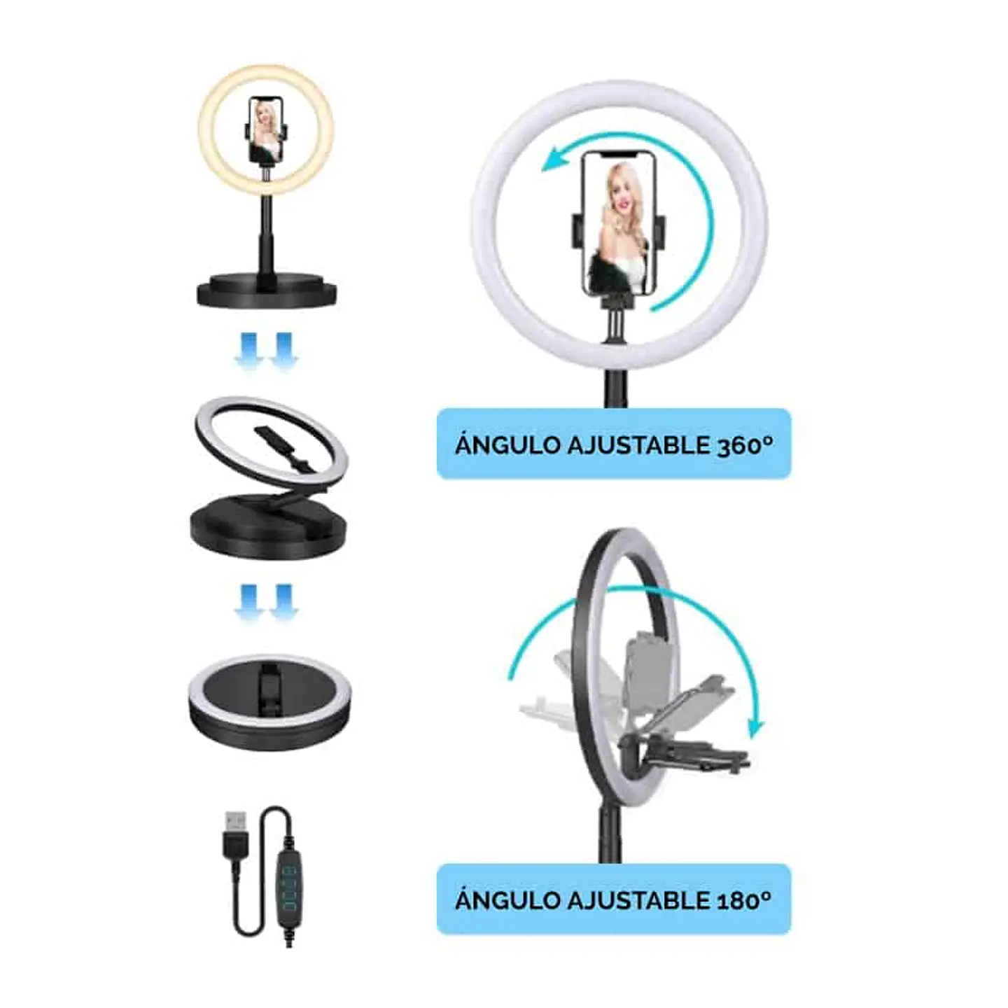 Anillo de luz LED plegable 29cm c/ soporte celular 3 modos de color 3