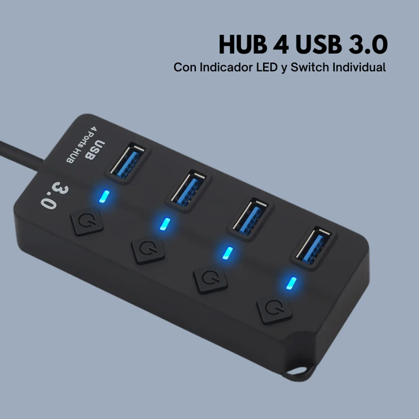 HUB USB 4 Puertos 3.0 5Gbps, 30cm, Led Indicador y Switch Negro 2