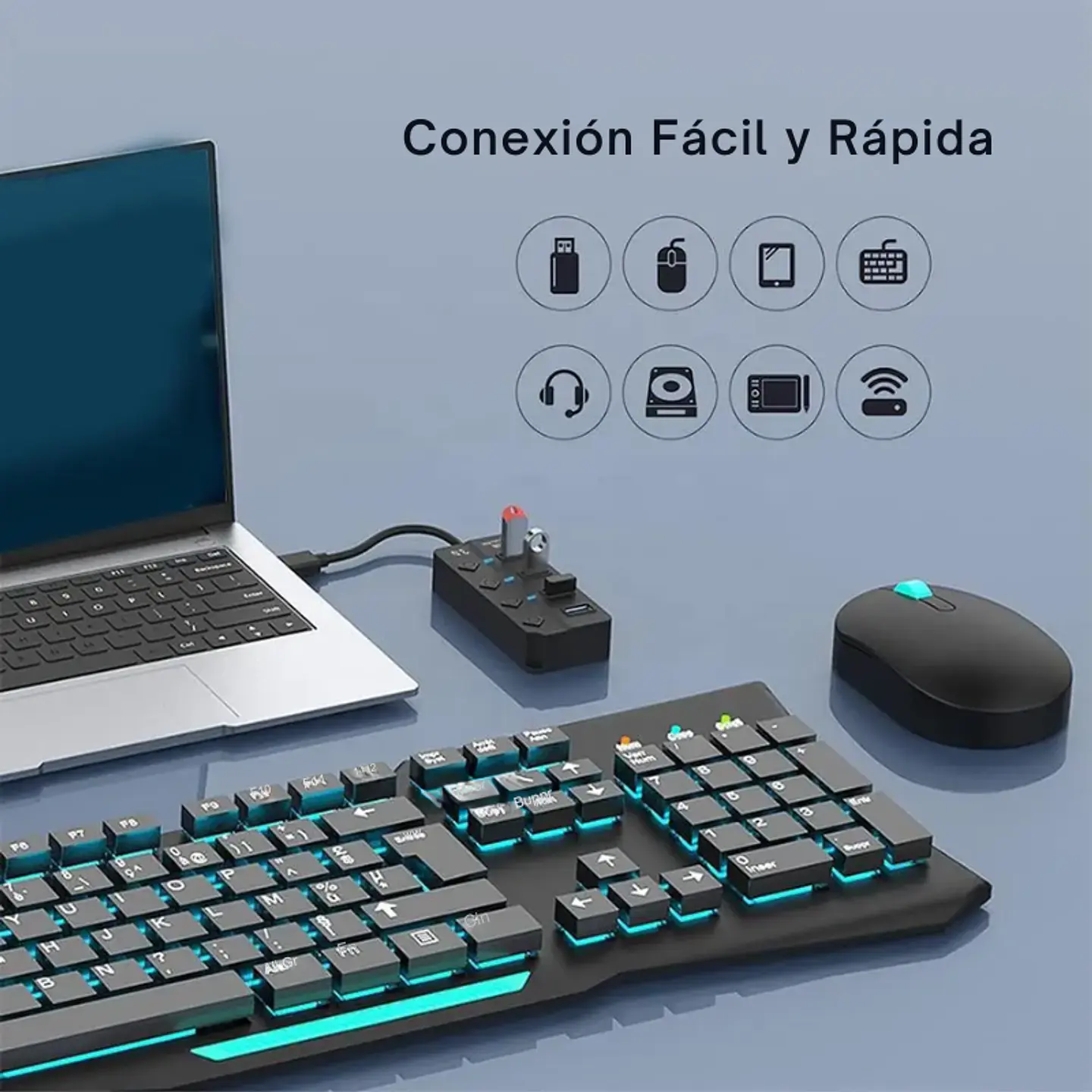 HUB USB 4 Puertos 3.0 5Gbps, 30cm, Led Indicador y Switch Negro 3