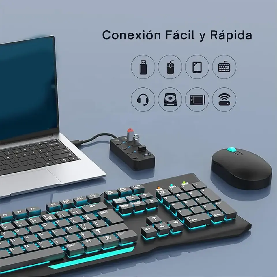 HUB USB 4 Puertos 3.0 5Gbps, 30cm, Led Indicador y Switch Negro 3
