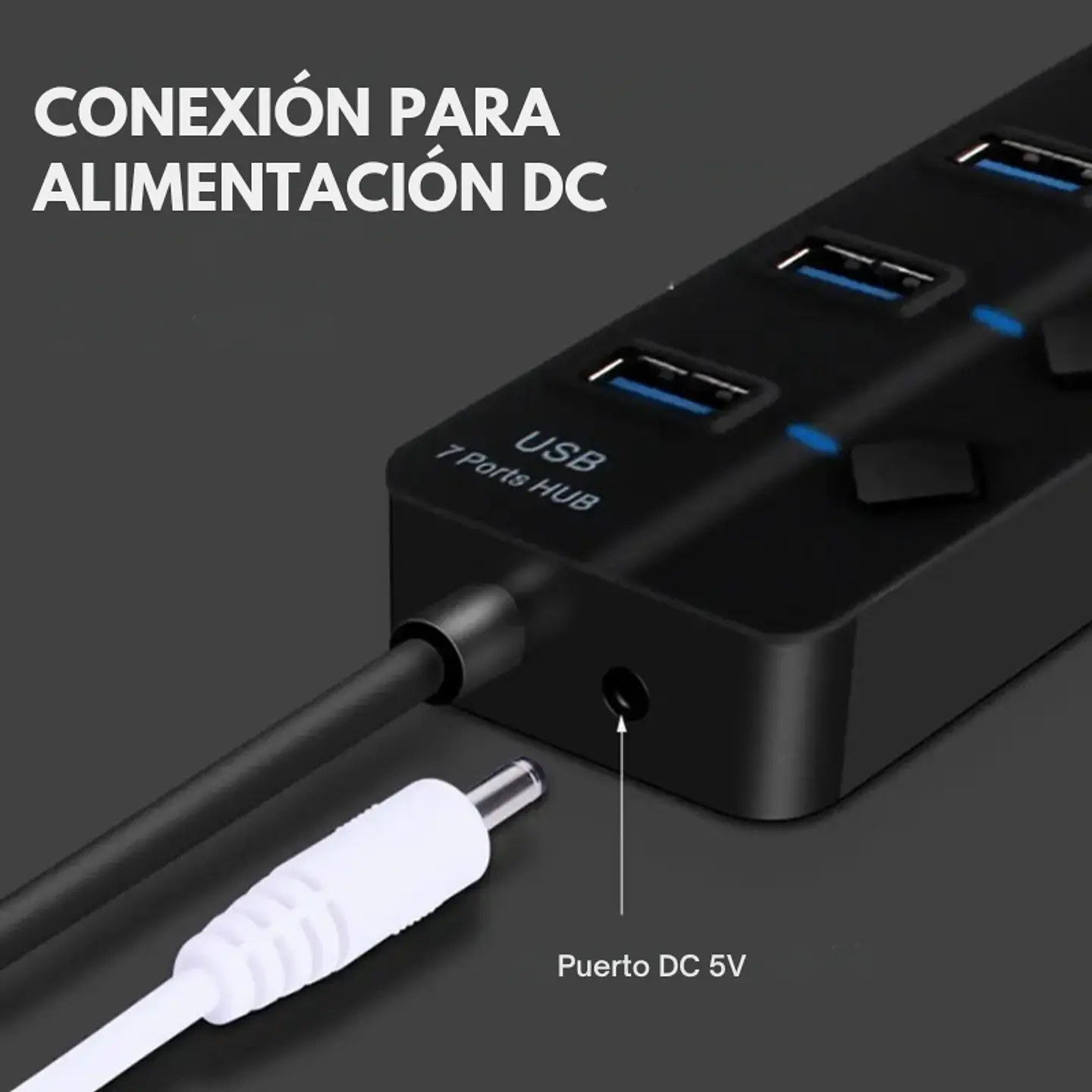 HUB USB 4 Puertos 3.0 5Gbps, 30cm, Led Indicador y Switch Negro 6