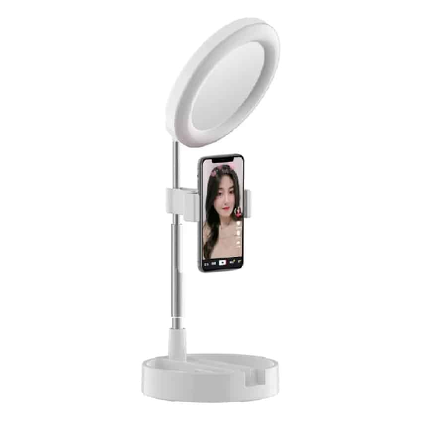 Aro de luz led 16cm con espejo make up y soporte de celular - blanco
