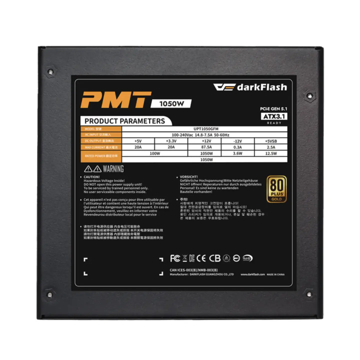 Fuente de Poder Darkflash PMT1050 1050W 80+ Gold Full Modular 5