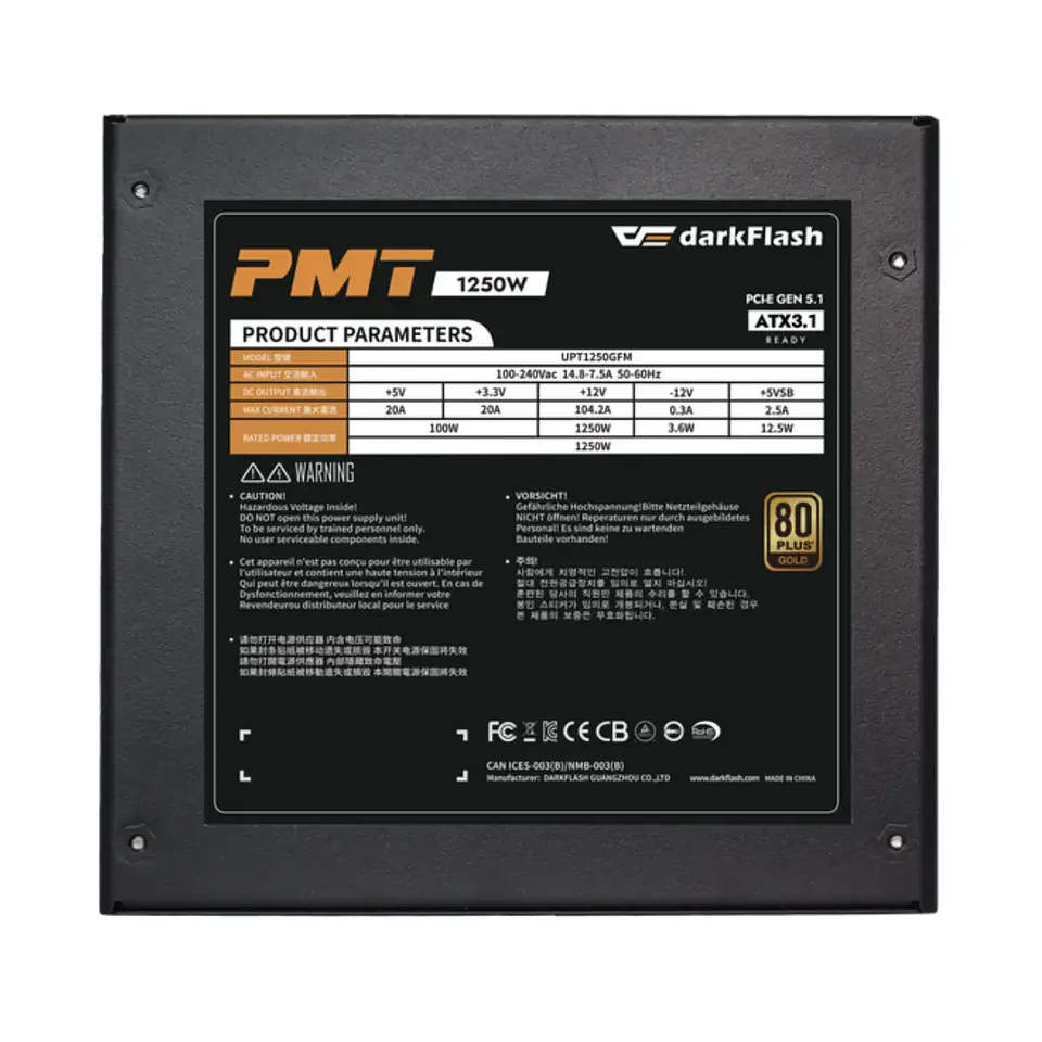 Fuente de Poder Darkflash PMT1250 1250W 80+ Gold Full Modular 5