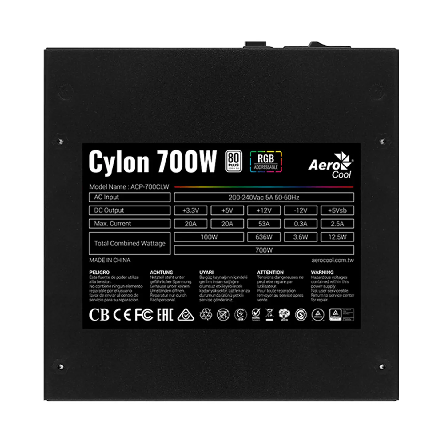 Fuente de Poder Aerocool Cylon 700W, RGB, 80+ Plus White 6