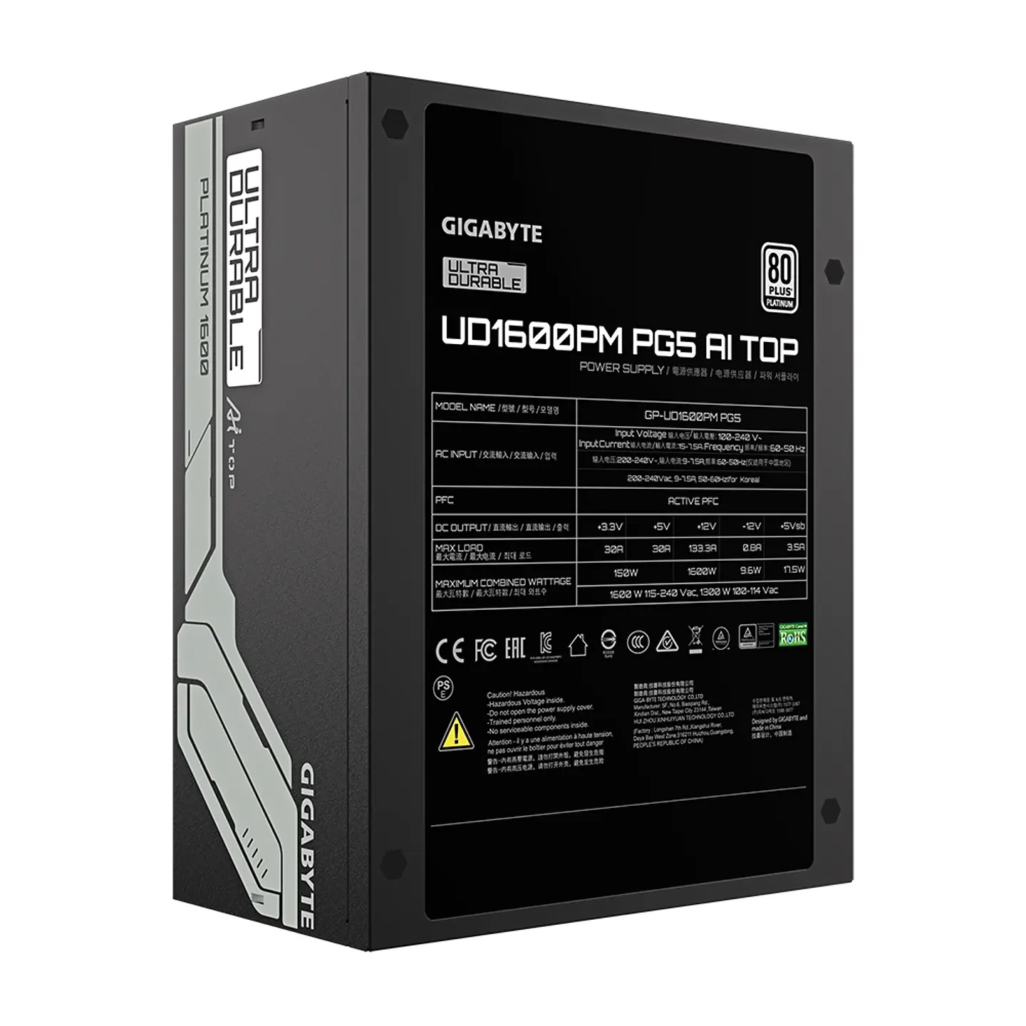 Fuente de Poder Gigabyte 1600W UD1600PM PG5 AI TOP, 80+ Platinum 4