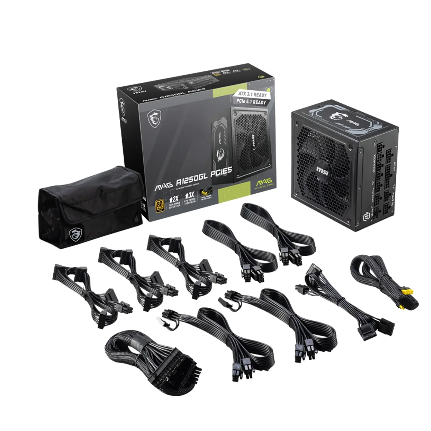 Fuente de Poder MSI MAG A1250GL PCIE5, 1250 W, 80+ Gold, Modular 5