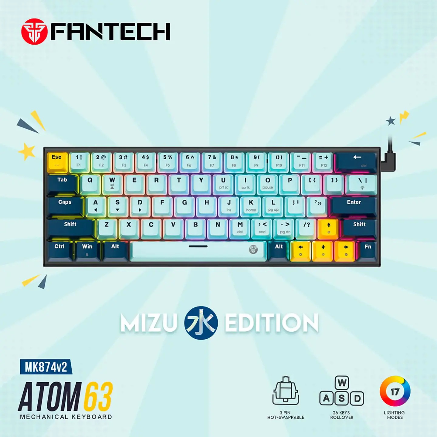 Teclado Mecánico Fantech MK874V2 ATOM63 Skyblue, Red Switch 2