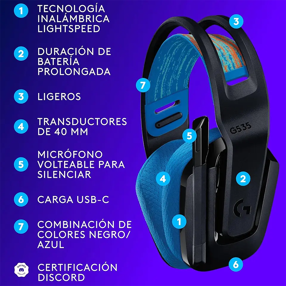 Audífonos Logitech G535 Lightspeed, Dongle USB, Negro/Azul 5