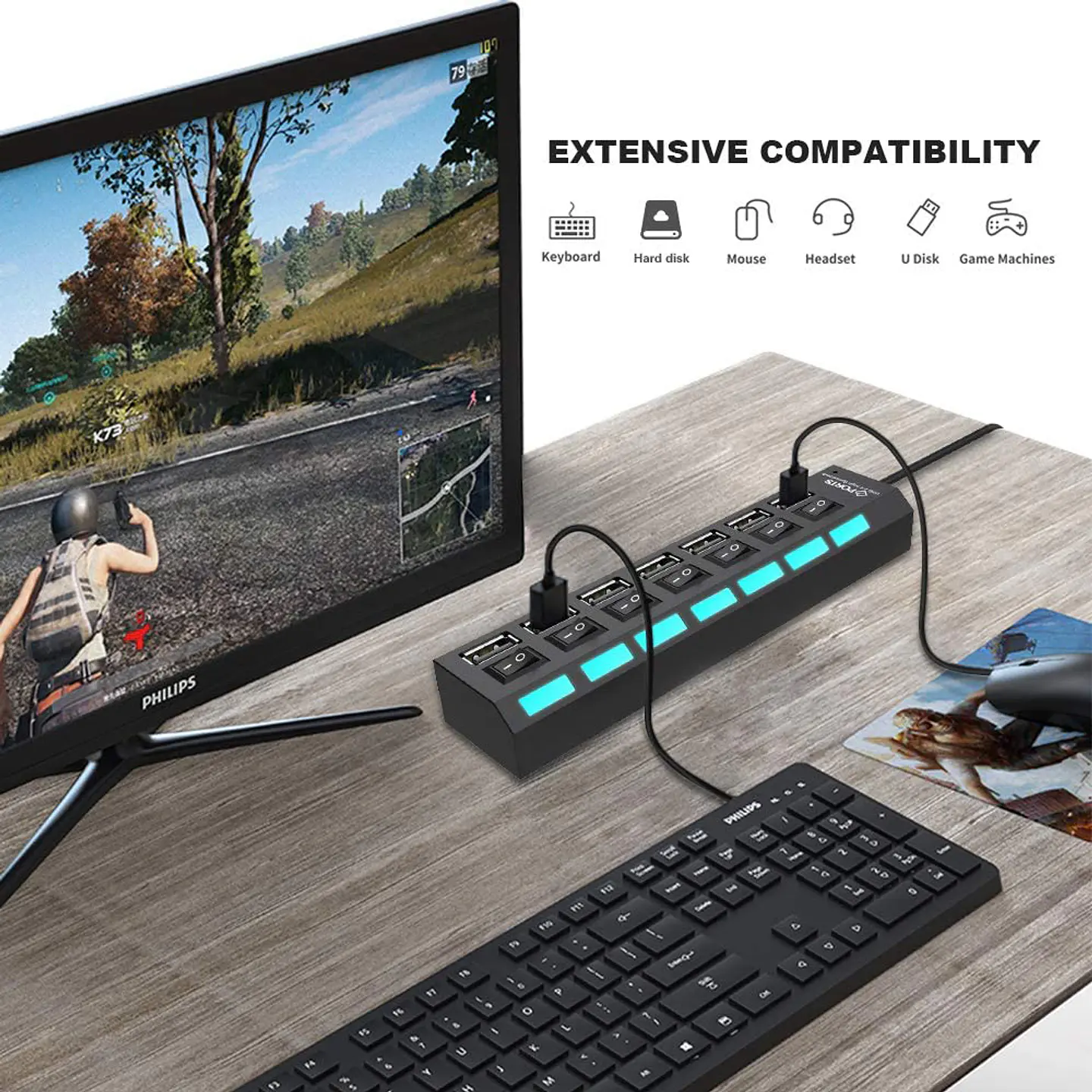 Hub 7 puertos USB 2.0 con interruptores individuales 6