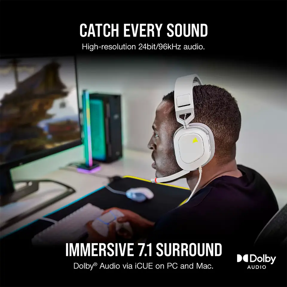 Audífonos Gamer Corsair HS80 RGB Dolby Audio 7.1 USB, Blanco 2
