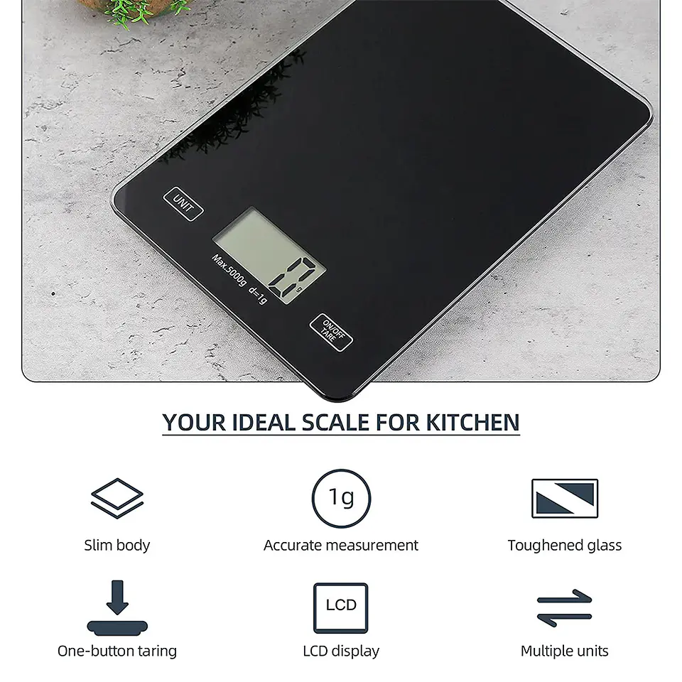 Pesa Gramera Digital 5kg (LCD, Vidrio templado, Botón Táctil) 3
