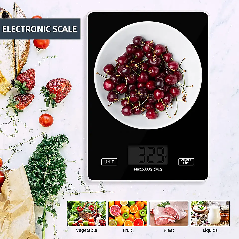 Pesa Gramera Digital 5kg (LCD, Vidrio templado, Botón Táctil) 4