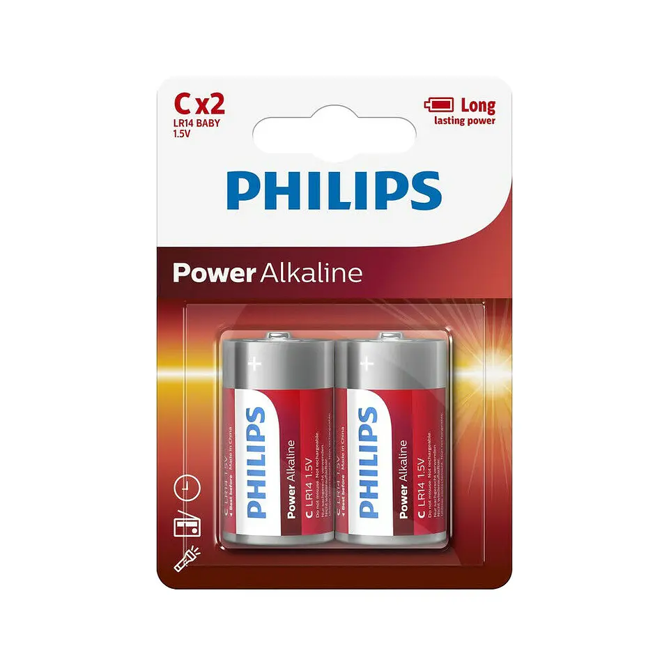 Pack 2 Pilas Alcalinas Philips Power 1.5V, C LR14 Baby 1