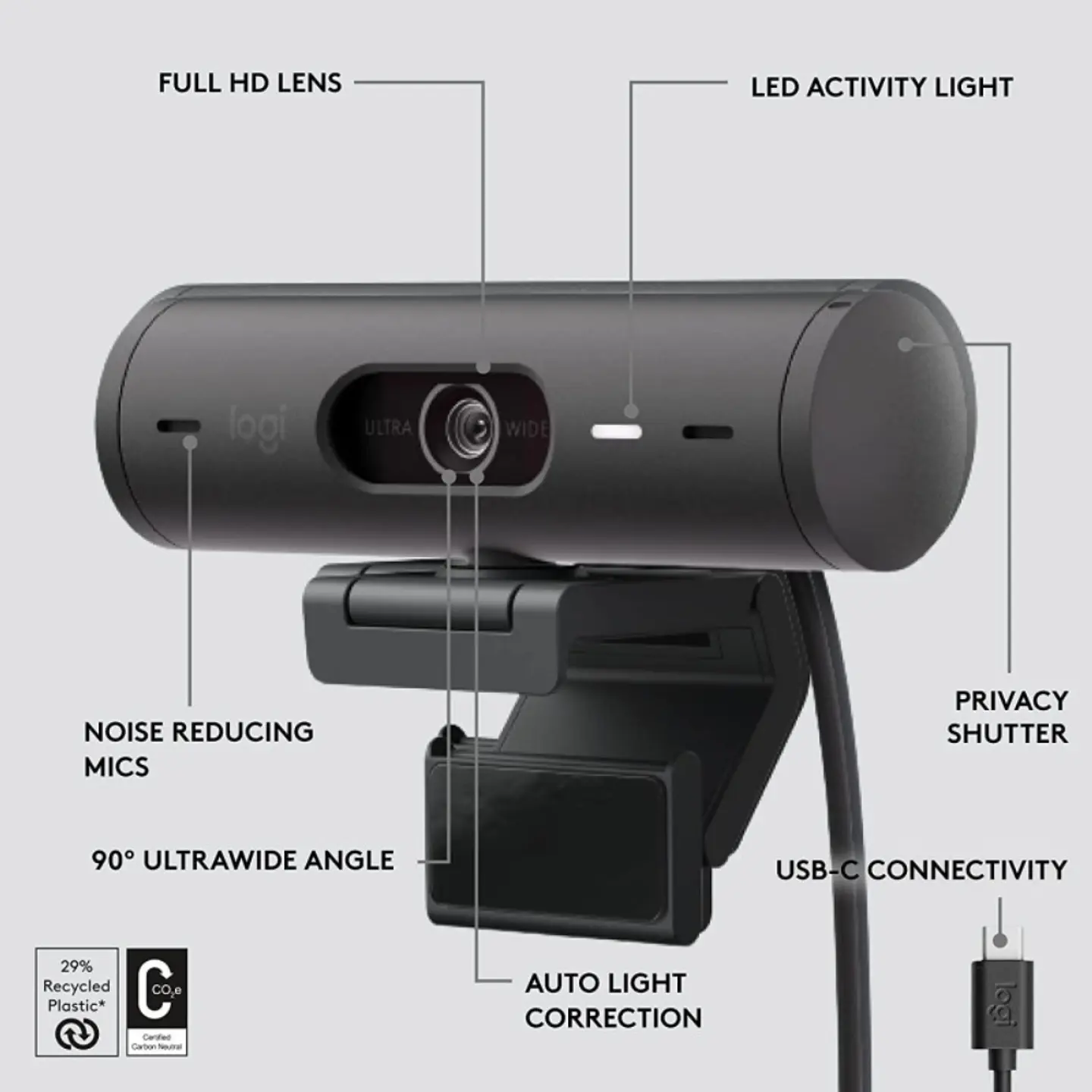 Cámara Web Logitech Brio 500, Full HD 1080p, Micrófono Integrado, USB-C, Grafito 8
