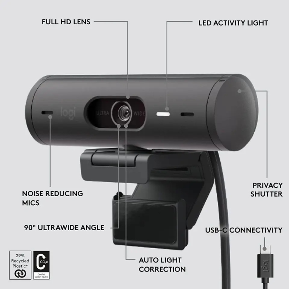 Cámara Web Logitech Brio 500, Full HD 1080p, Micrófono Integrado, USB-C, Grafito 8