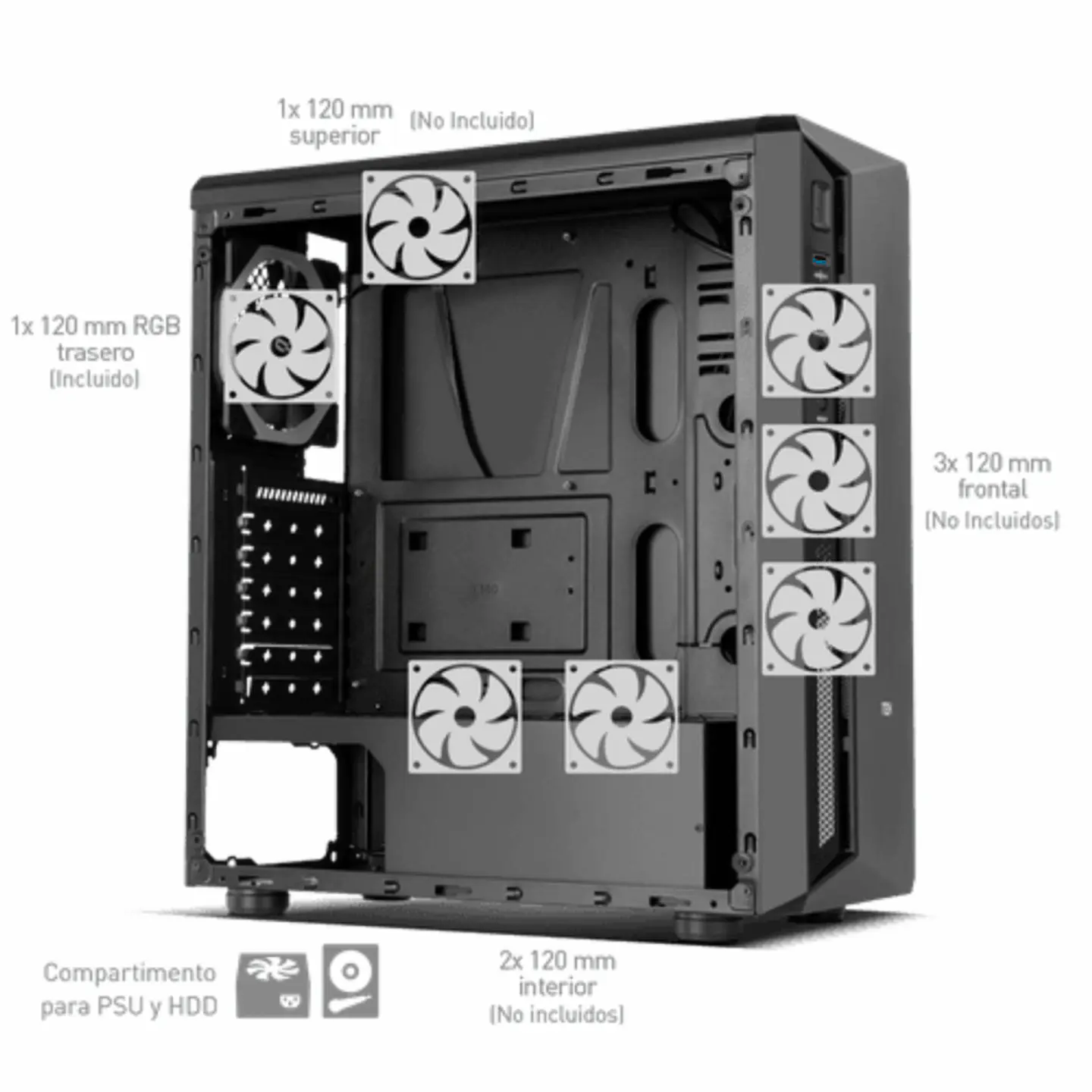 Gabinete Gamer Nox Atom RGB (ATX, Vidrio Templado, Fan 120mm x1) 10