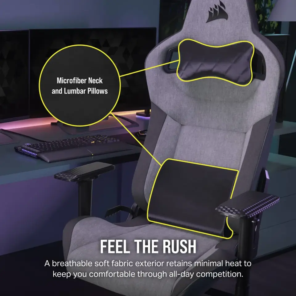 Silla Corsair T3 RUSH Fabric 2023, hasta 120Kg, Gris/carbón 2
