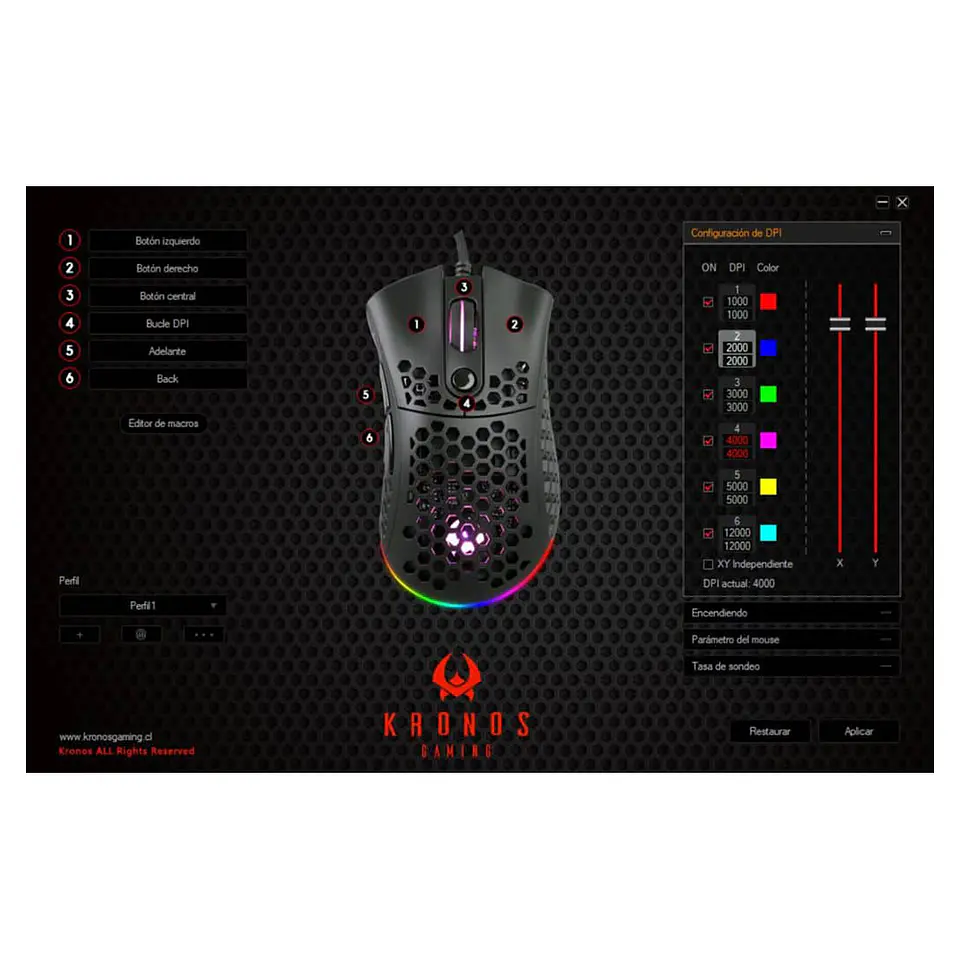 Mouse gamer profesional Kronos Arrow Slim, ultraligero,12.000 DPI, programable 9