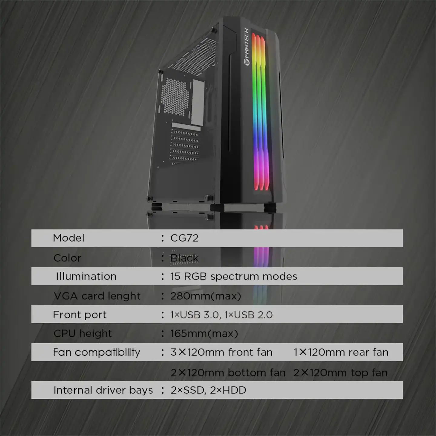 Gabinete Fantech Strike CG72 RGB, ATX, 3.0 USB - Negro 3