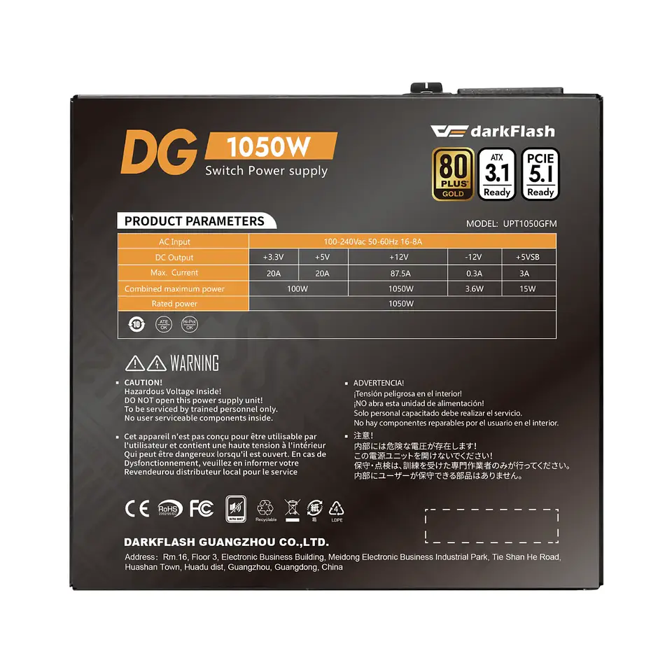 Fuente de Poder Darkflash DG1050 1050W 80+ Gold Full Modular ATX 6