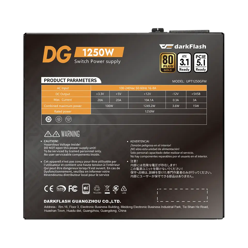 Fuente de Poder Darkflash DG1250 1250W 80+ Gold Full Modular ATX 6