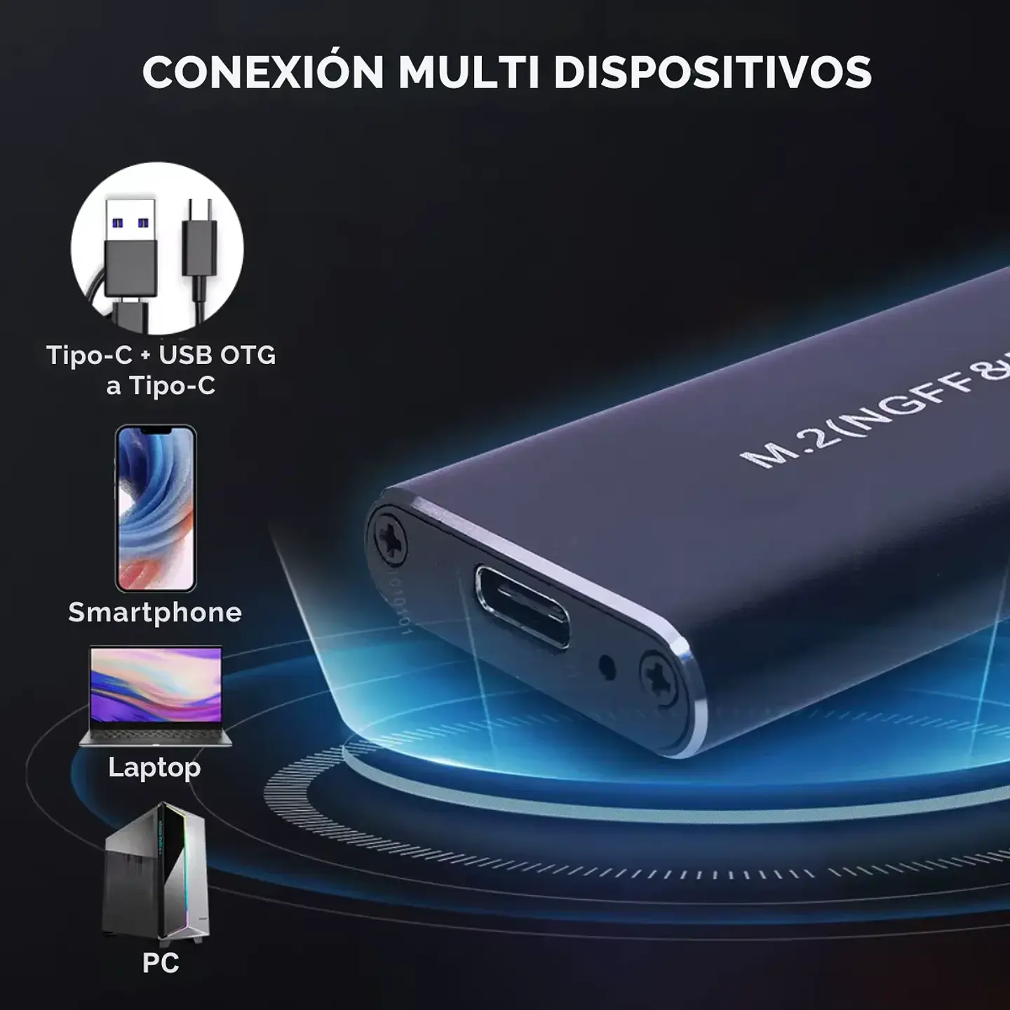 Cofre SSD Kingspec COF221, M.2 NVMe 10Gbps / SATA 6Gbps USB-C OTG 2