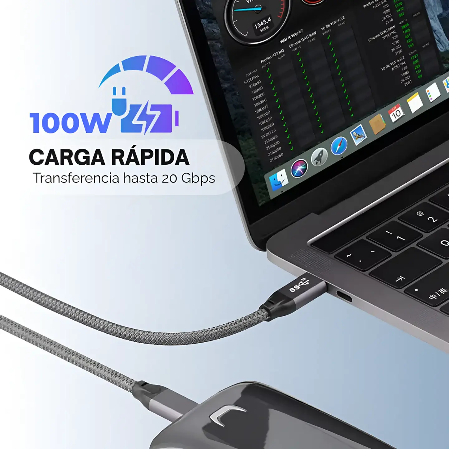 Cable Carga Rápida USB-C a USB-C, 100W, 20Gbps, 4K, 1.2Mts 3